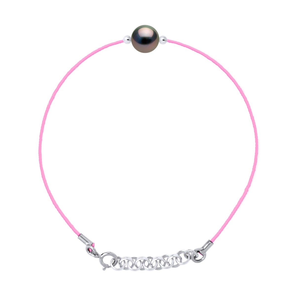 Bracelet LOVE LINK Perle de Tahiti Ronde 8-9 mm Nylon Rose Argent 925