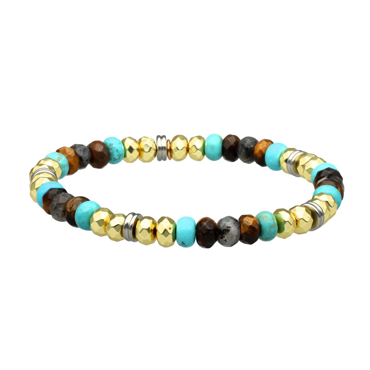 Bracelet Acier Perles Facettées Hématite Turquoise Et Oeil De Tigre-Medium-18cm