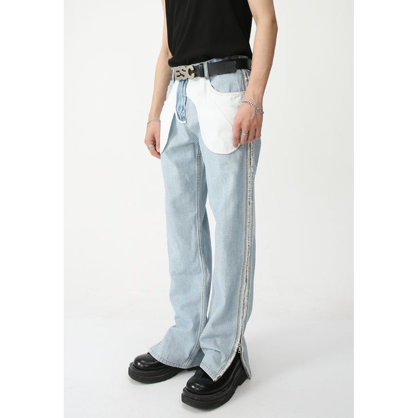 FAERIS - Mid Rise Washed Fray Zip Slit Straight Leg Jeans