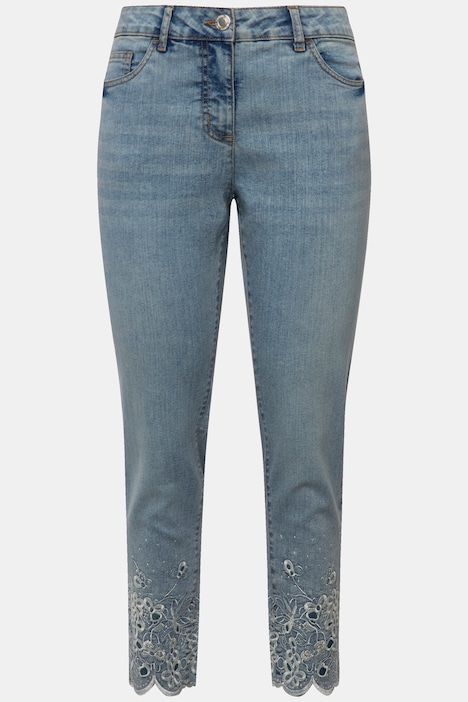 Jeans, Slim Fit, Saum mit Loch-Stickerei, 5-Pocket