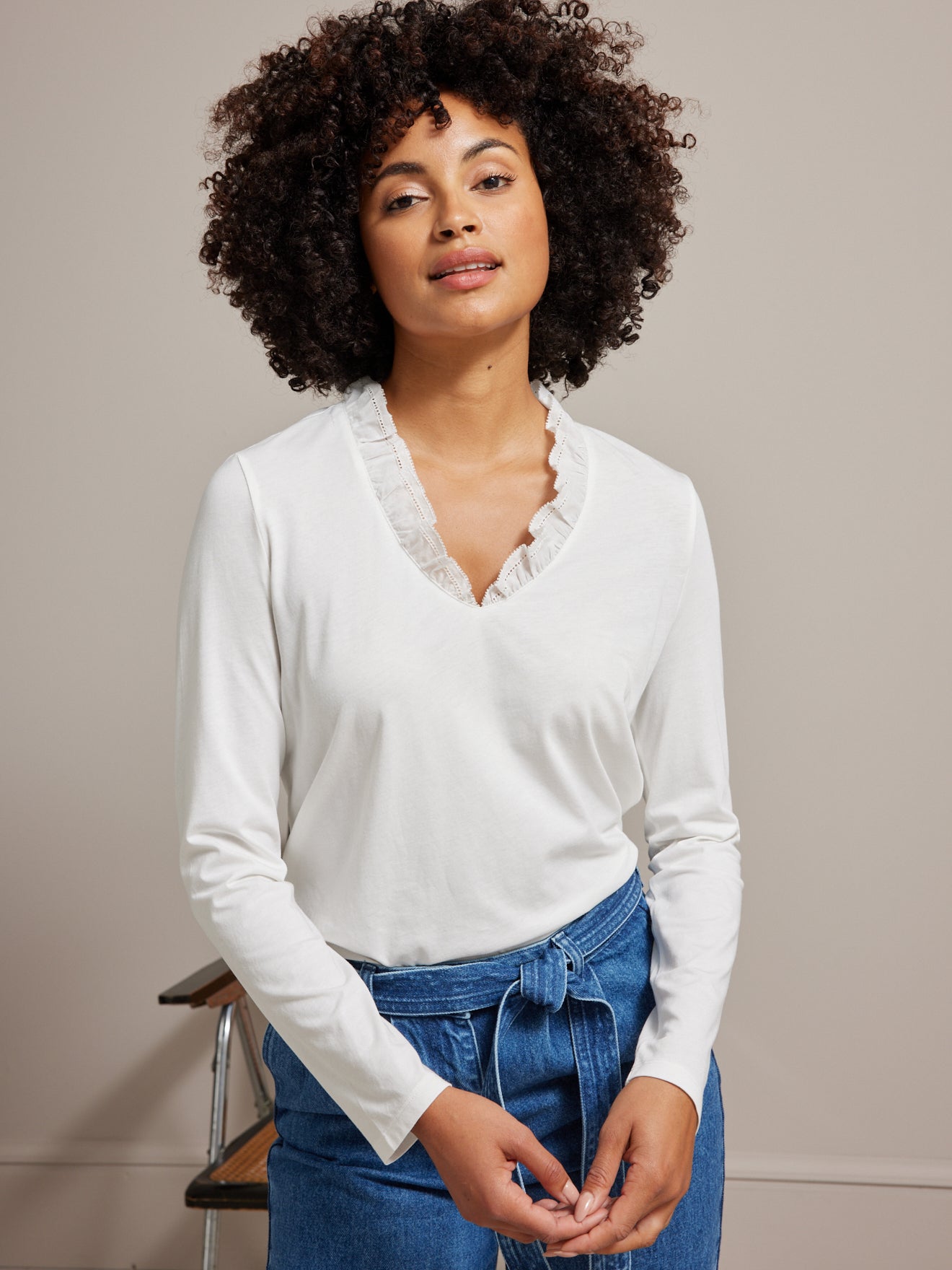 T-shirt col brodé femme coton et modal
