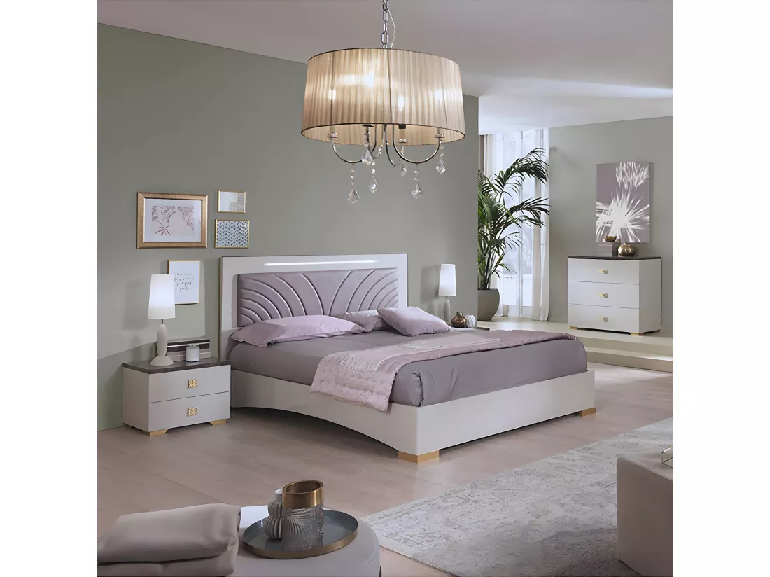 PANACA - Chambre Complète 140x190cm Crème et Bronze + Leds