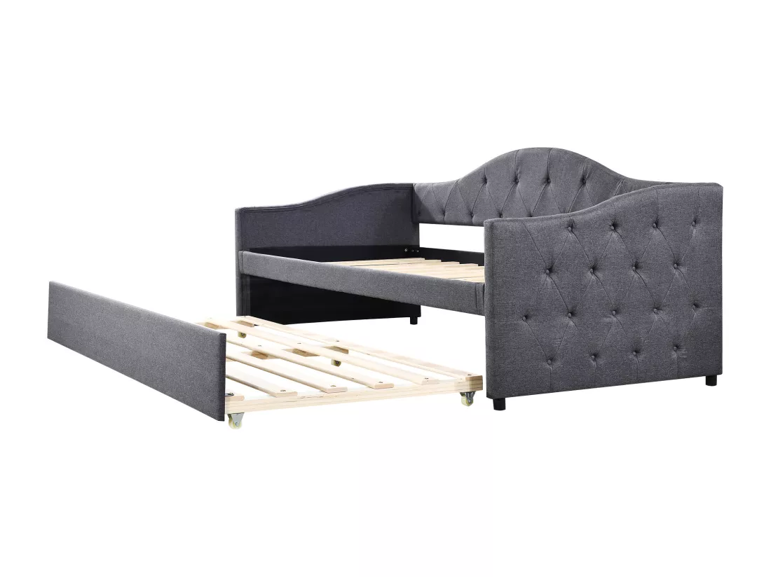 Lit gigogne 90 x 200 cm + lit 90 x 190 cm, canapé-lit - tissu en lin - coloris gris (sans matelas)