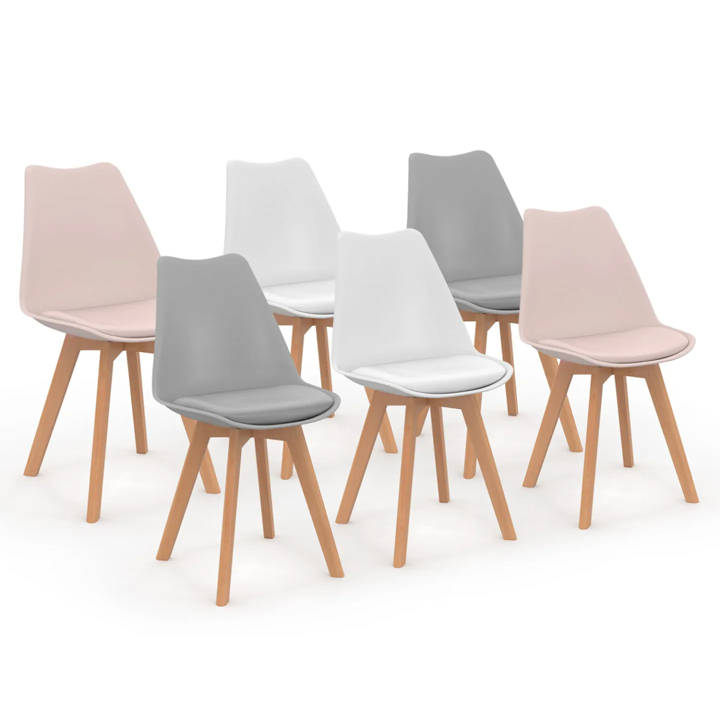 Lot de 6 chaises scandinaves SARA mix color pastel rose x2, gris clair x2 et blanc x2