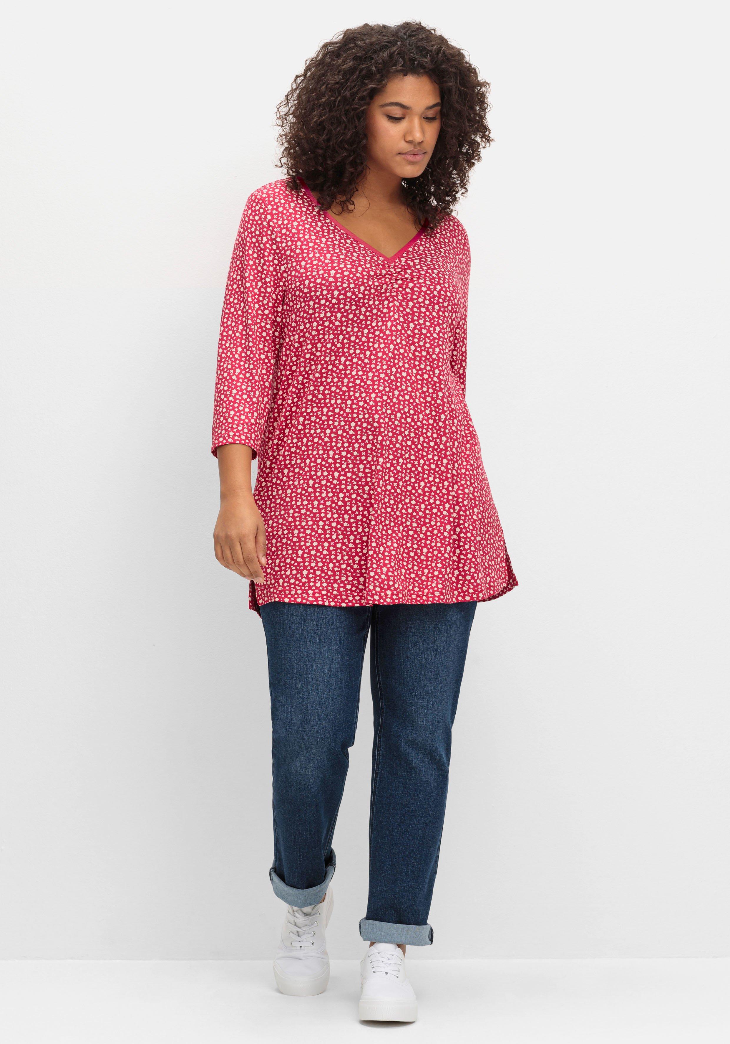 3/4-Arm-Shirt mit Blumendruck und V-Ausschnitt