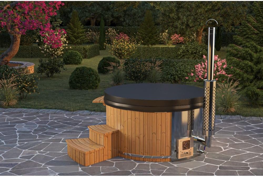 Holz Badefass Stockholm aus Thermoholz, Hot Tub Ø 180 cm, 8 Personen, inkl. Edelstahl-Ofen (30 kW), Minibar, Schwimmbecken, Badebottich, Badezuber