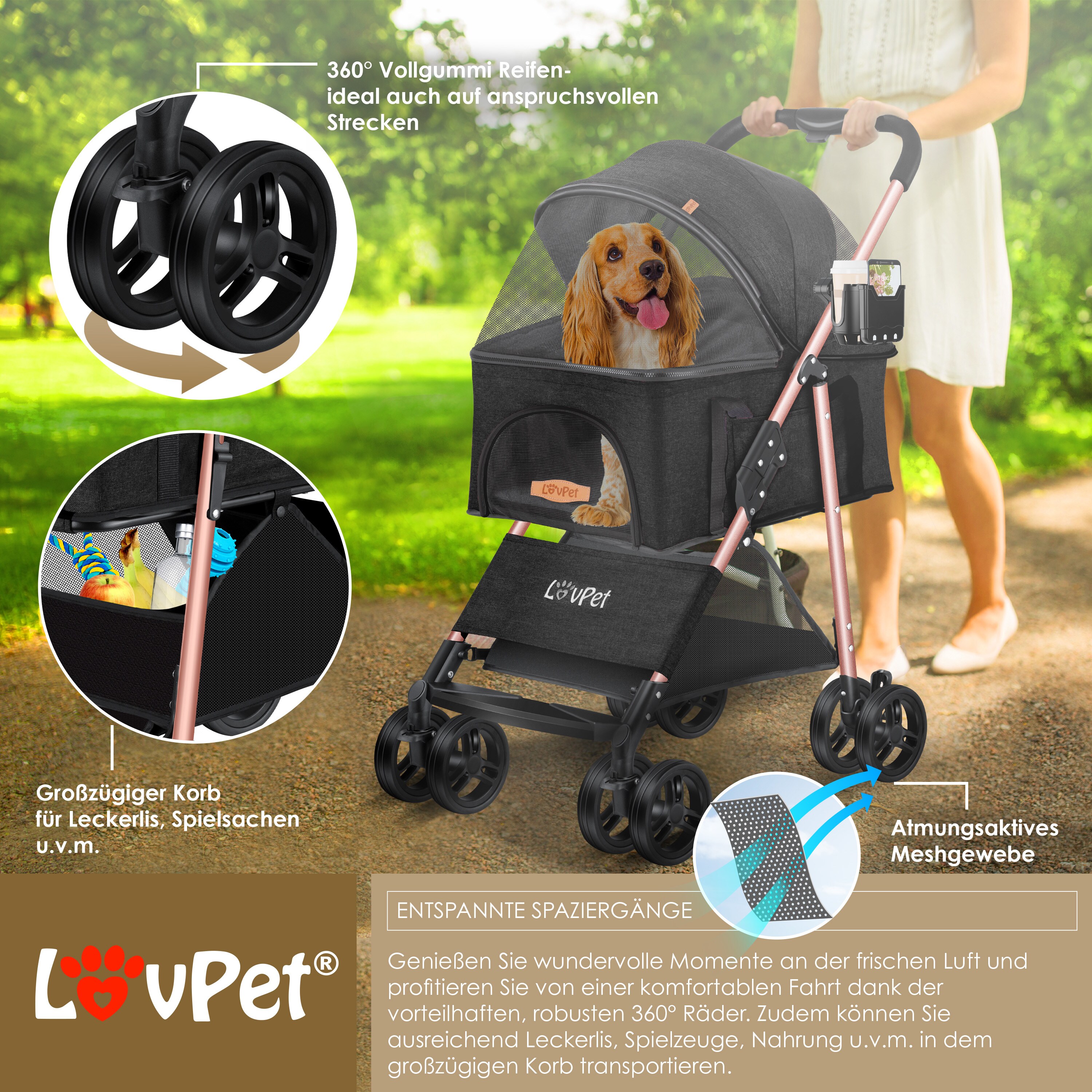 LOVPET® Hundewagen 2in1 Hundebuggy Hundebox Transporttasche Faltbar klappbar bis 20 kg Haustiere Buggy mit Netzfenstern & Regenschutzabdeckung Jogger Katzenbuggy für kleine Hunde Katzen