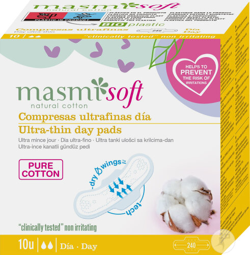 Masmi Serviettes Ultra-Minces Soft Jour Coton Bio 10 Pièces