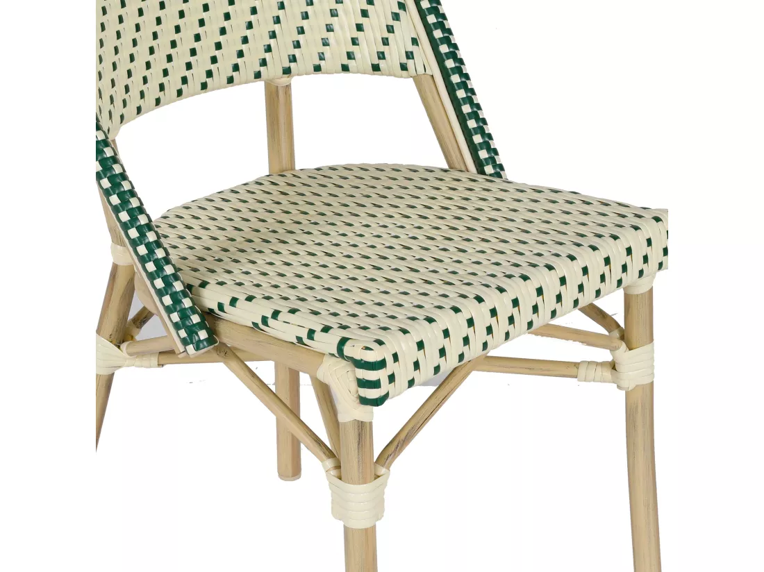 Chaise de terrasse bistrot parisien en aluminium et rotin vert foncé