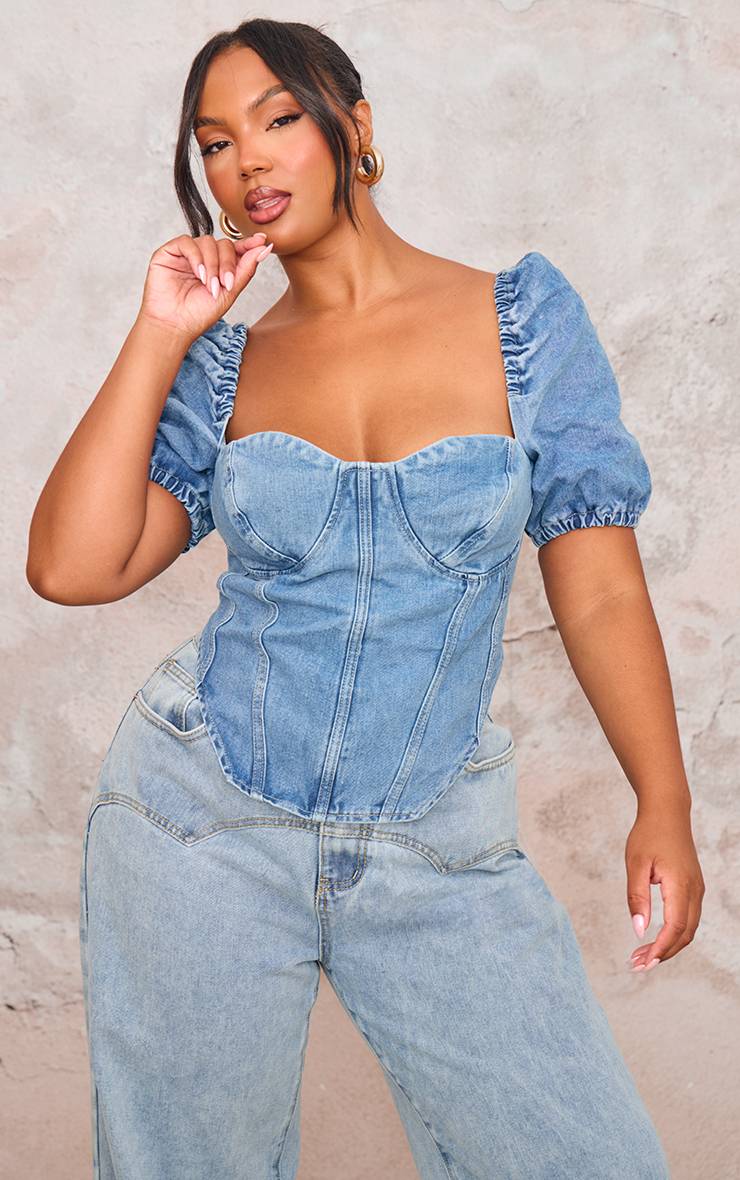Mid Blue Wash Top Corset En Denim À Manches Bouffantes Grande Taille