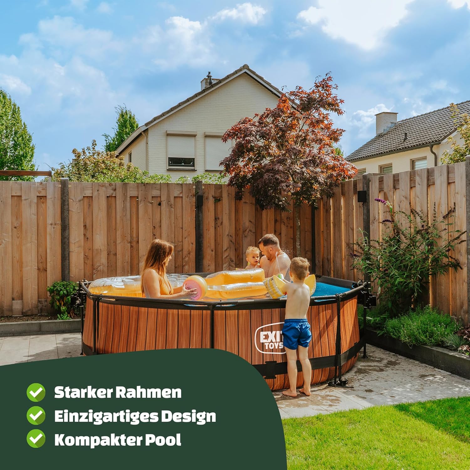EXIT Toys Wood Pool - ø300x76cm - Runder Rahmenpool mit Kartuschenfilterpumpe - Leicht Zugänglich - Für Kleinkinder Geeignet - Starker Rahmen - Einzigartiges Design - Braun