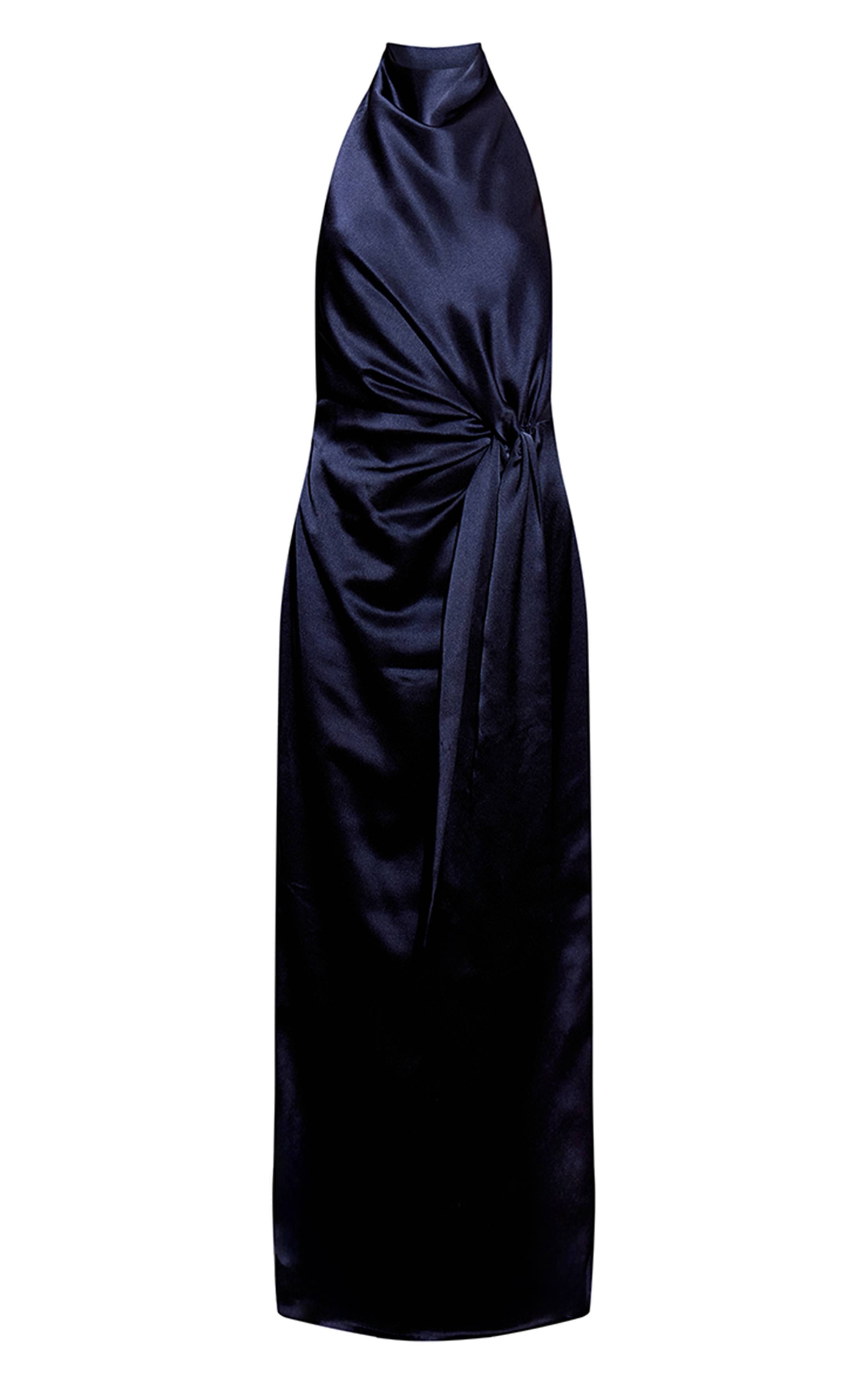 Bleu Marine Robe Longue En Satin Avec Détail Nœud Drapé