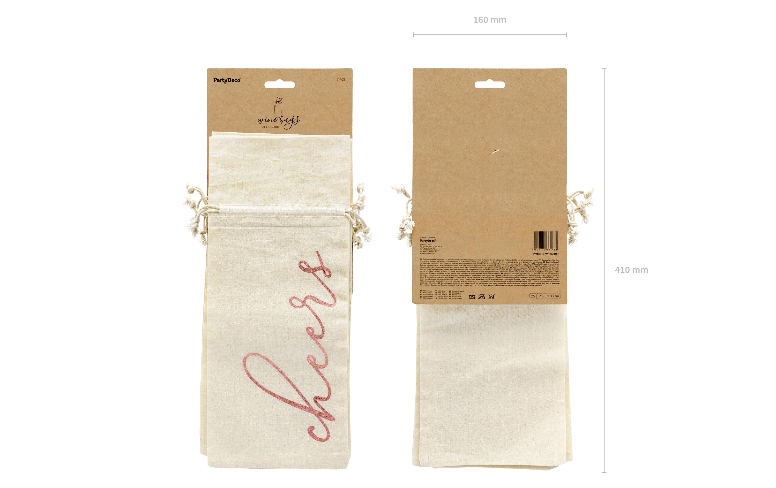 Flaschentasche Cheers 5 Stück, Beige/Rosegold, 15.5 x 36 cmFlaschenverpackung aus Stoff für Wein oder Sekt