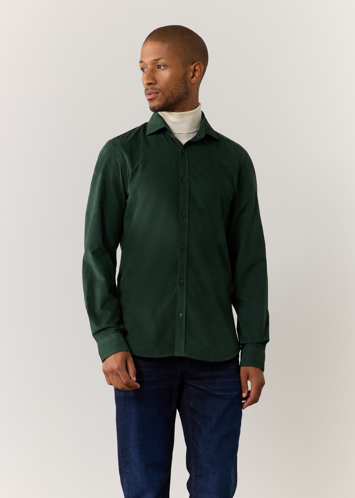 Chemise sport Slim en velours côtelé uni vert sapin