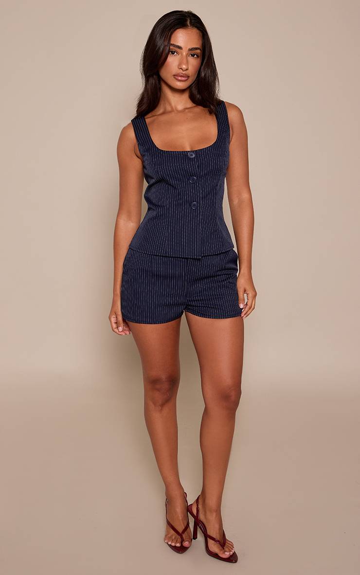 Bleu Marine Short Mini Tailleur À Fines Rayures Petite