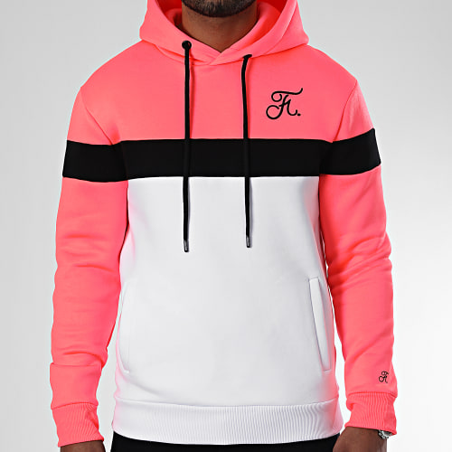Sweat Capuche Tricolore Avec Broderie 1026 Blanc Rose Fluo