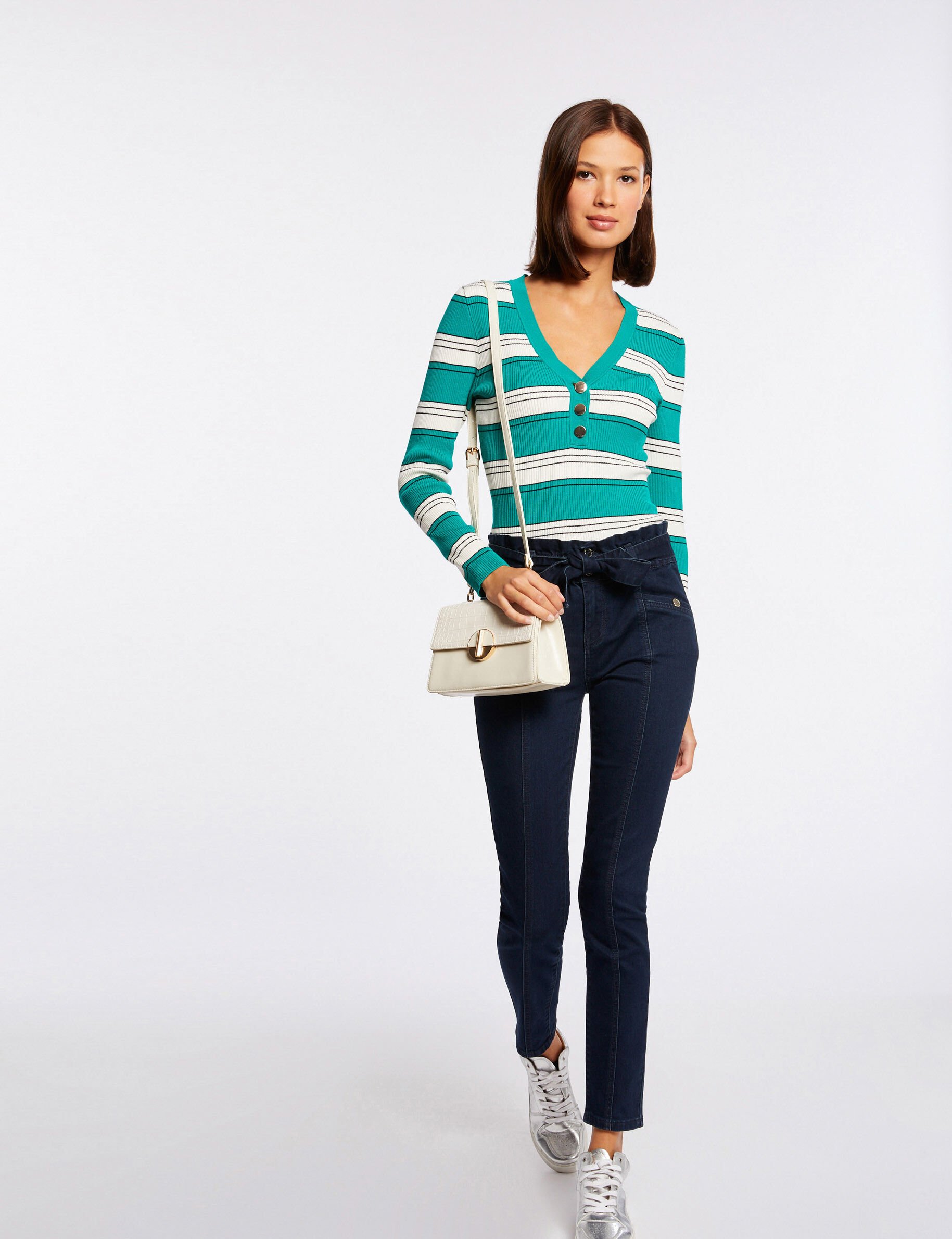 Pull manches longues à rayures vert moyen femme - vert_moyen