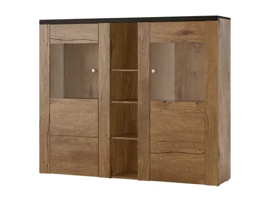 Vaisselier design 2 portes pour salon couleur chêne et noir effet bois. collection SANTIAGO.