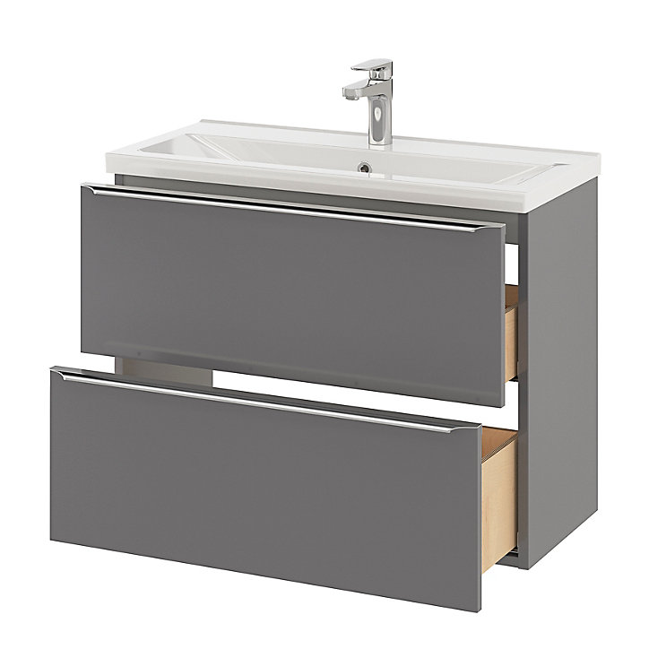 Ensemble salle de bains l.80 cm meuble à suspendre faible profondeur Imandra gris brillant + plan vasque céramique blanc