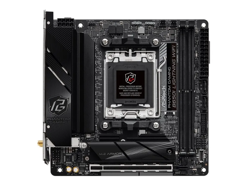 ASRock Phantom Gaming B650I Lightning WiFi - Bundkort - mini ITX - Socket AM5 - AMD B650 Chipset - USB-C 3.2 Gen2, USB-C 3.2 Gen 1, USB 3.2 Gen 2, USB 3.2 Gen 1 - 2.5 Gigabit LAN, Wi-Fi 6E, Bluetooth - onboard grafik (CPU påkrævet) - HD Audio (8-kana