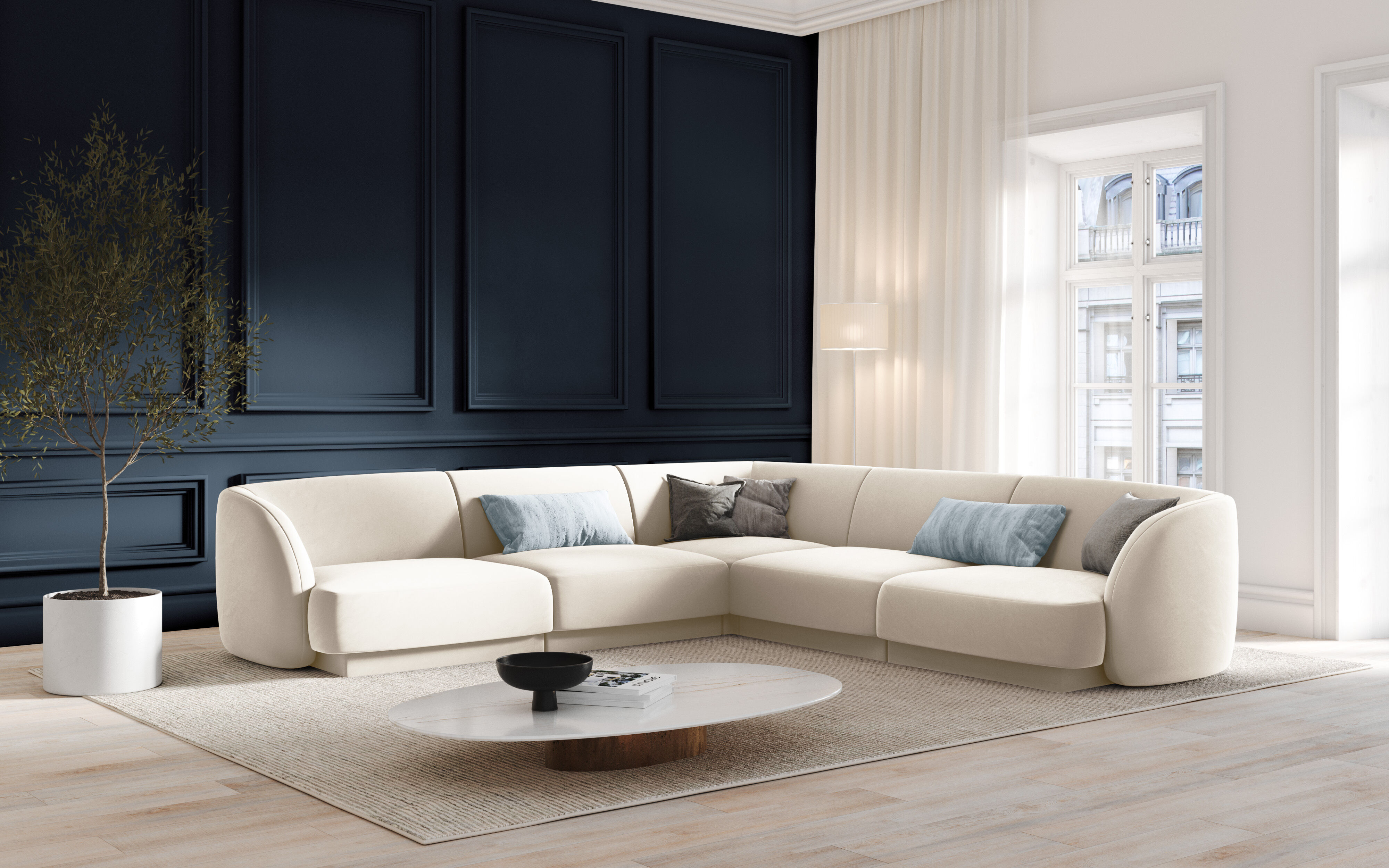 Micadoni Limited Edition Canapé d'angle Symétrique En Velours Miley 5 Places beige clair - 252x252x74 cm