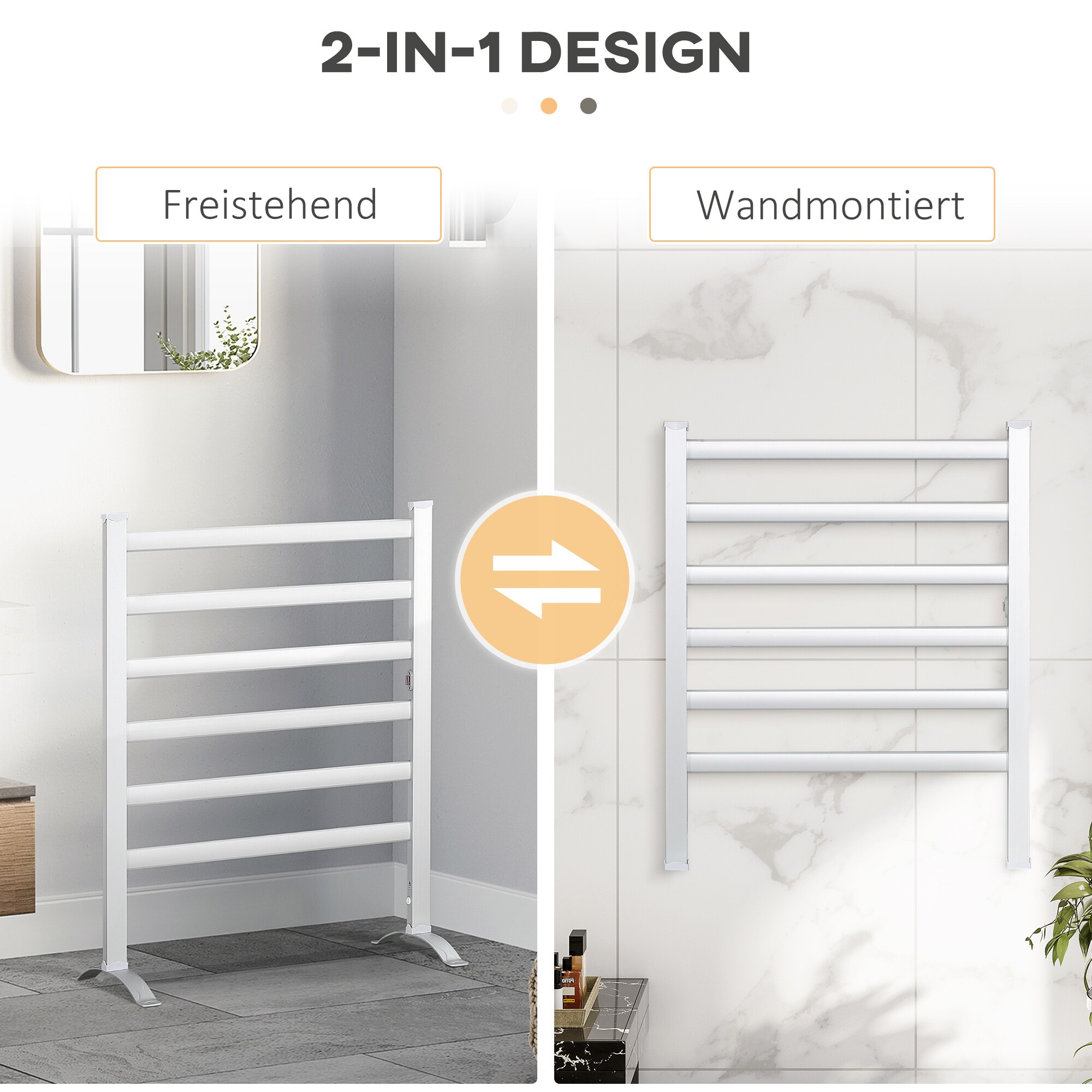 HOMCOM Handtuchheizkörper mit 6 Sprossen silber 69L x 36B x 90H cm