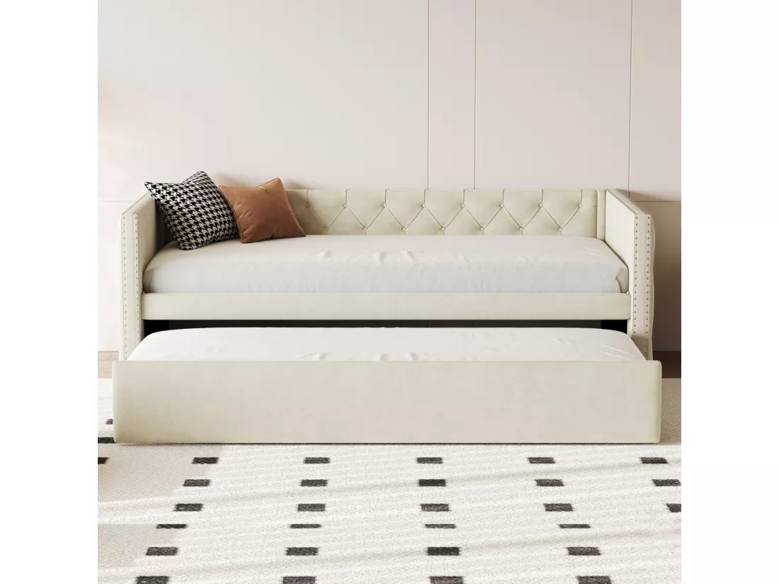Lit gigogne 90/180 x 200 cm avec tête de lit - Velours doux - sommier à lattes - beige (sans matelas)