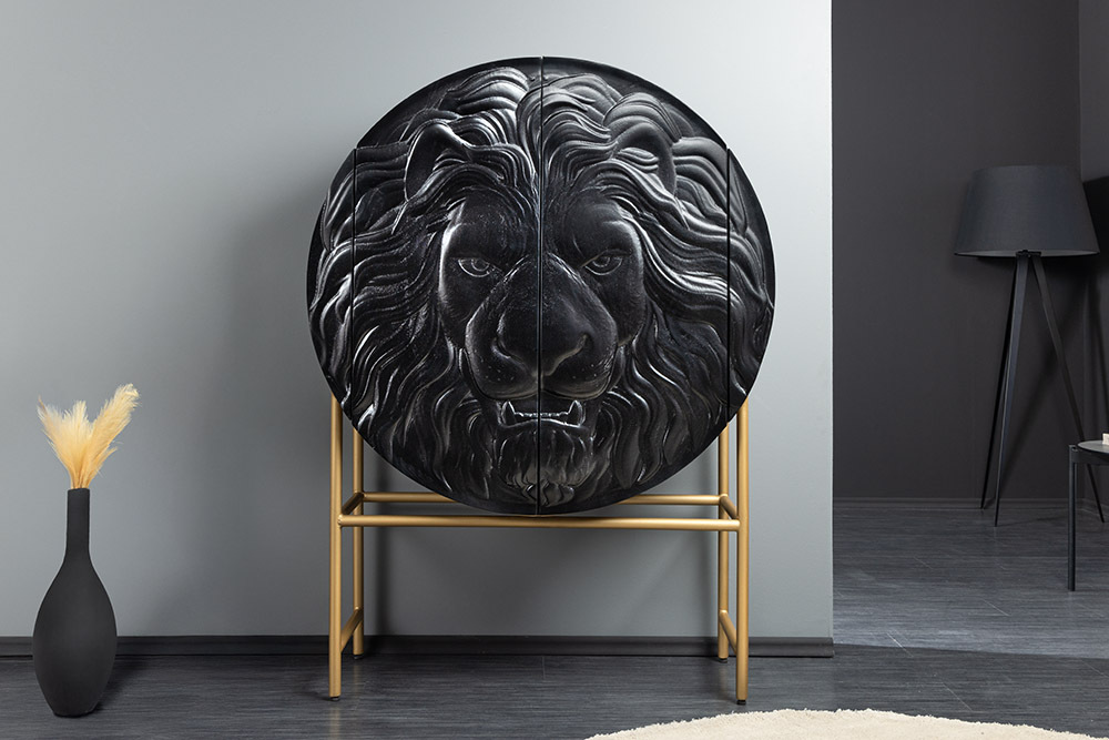 Massives Highboard LION 140cm schwarz gold Mangoholz 3D Schnitzereien Kunstwerk