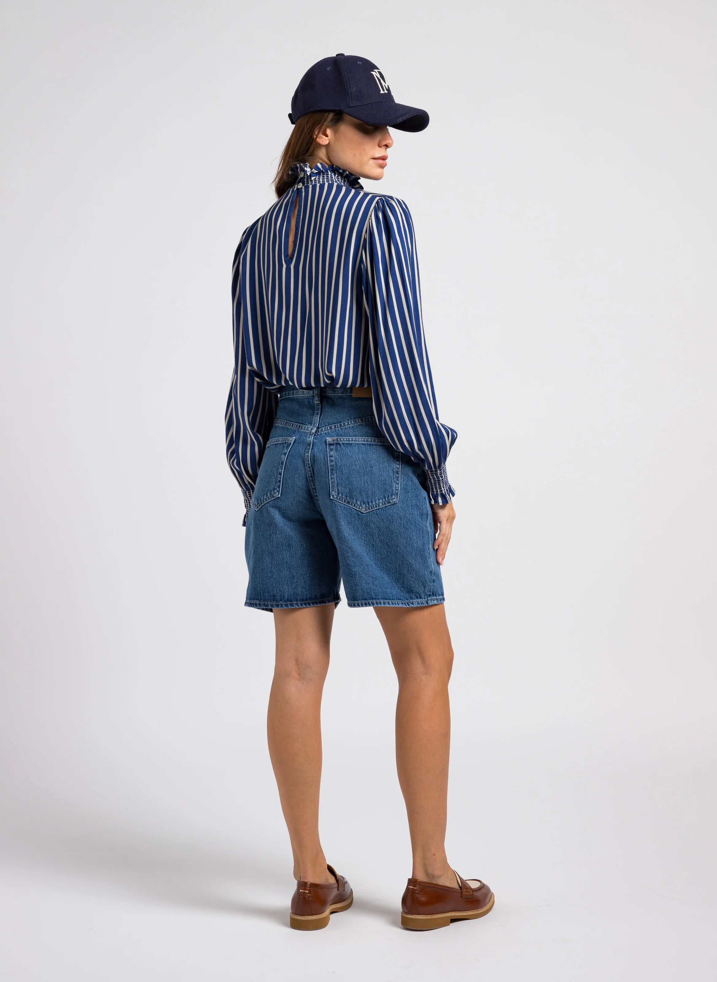 TONIA - Blouse à volants rayée | Bleu