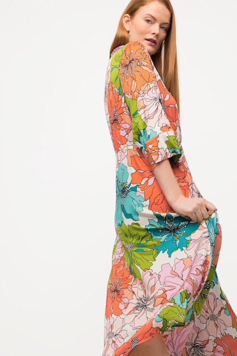 Midikleid, Blüten-Design, Hemdkragen, 3/4-Arm