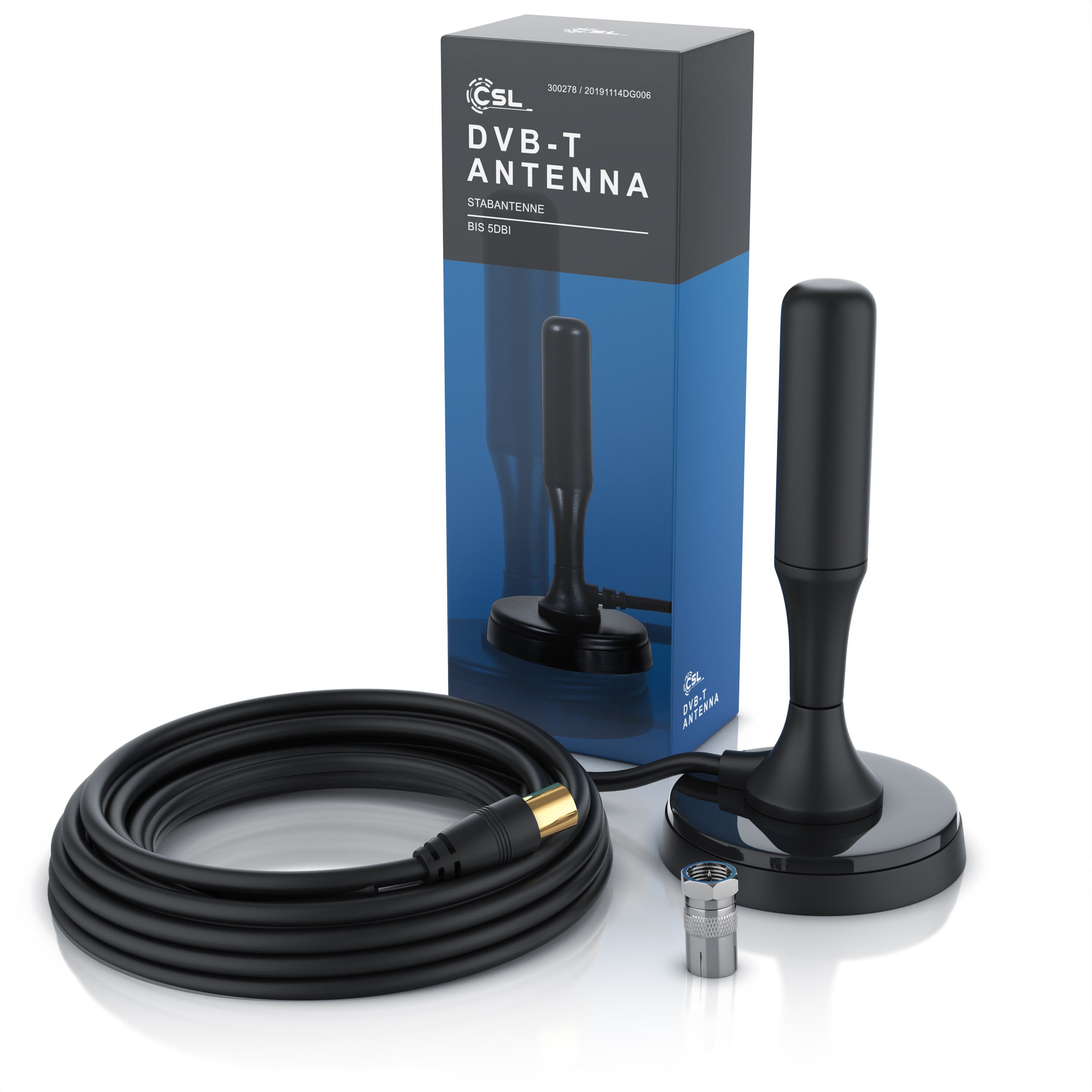 CSL DVB-T, DVB-T2 Stabantenne für Innenbereich, digitale Antenne mit 4m Kabel / inkl. F-Stecker Adapter