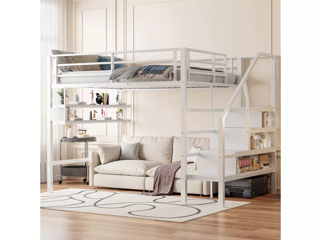 URBAN MEUBLE Lits double superposés métallique blanc échelle avec étagères rangement (140*200cm)
