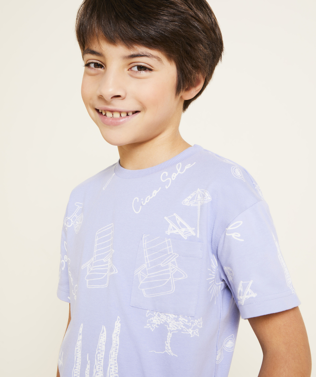 t-shirt manches courtes garçon en coton bio mauve avec imprimé