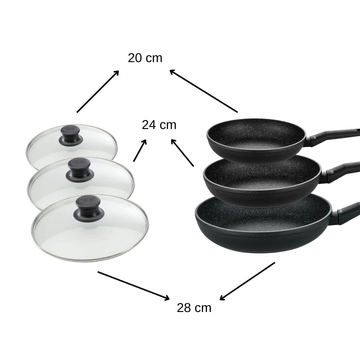 Ensemble de 3 poêles à frire et 3 couvercles en verre 20 cm 24 cm et 2
