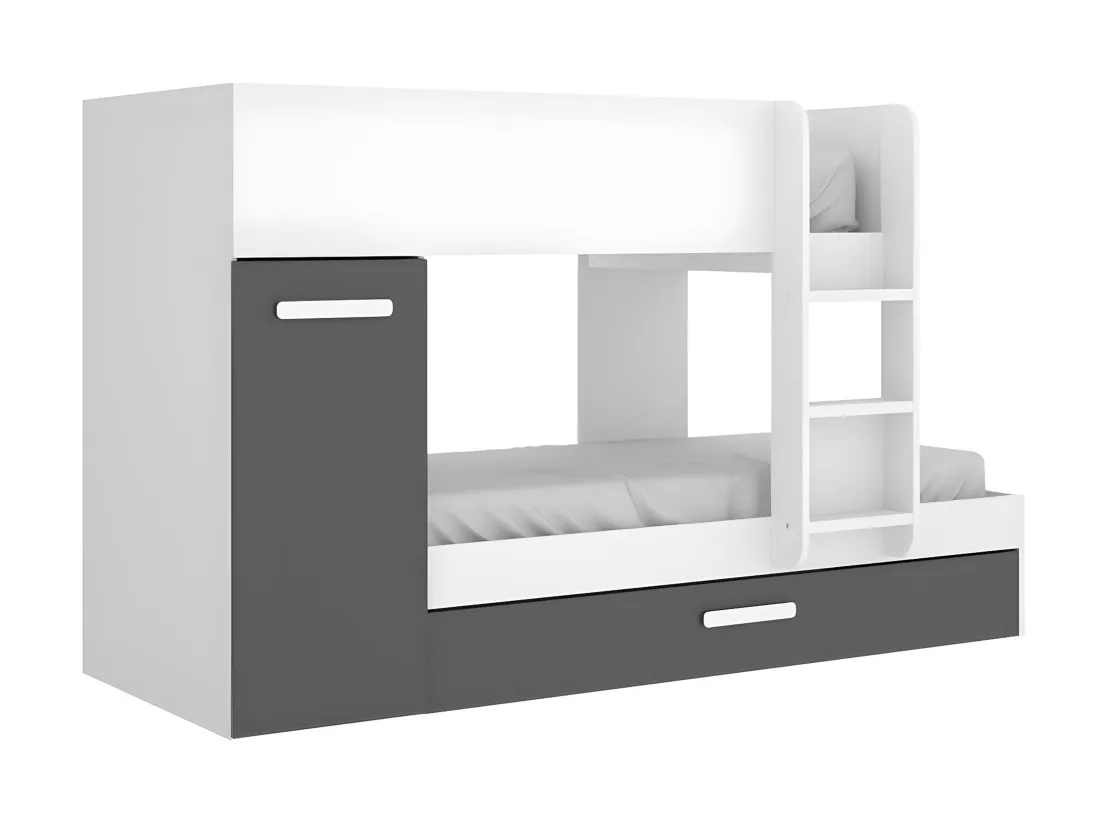 Lits superposés avec tiroir lit gigogne et rangements 3 x 90 x 190 cm - Anthracite et Blanc - ANTHONY