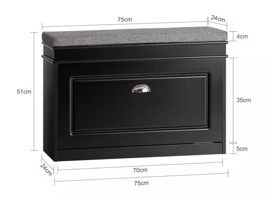 Banc à Chaussures Meuble à Chaussures avec Assise Coussin Rembourré et Abattant Noir, FSR82-L-SCH