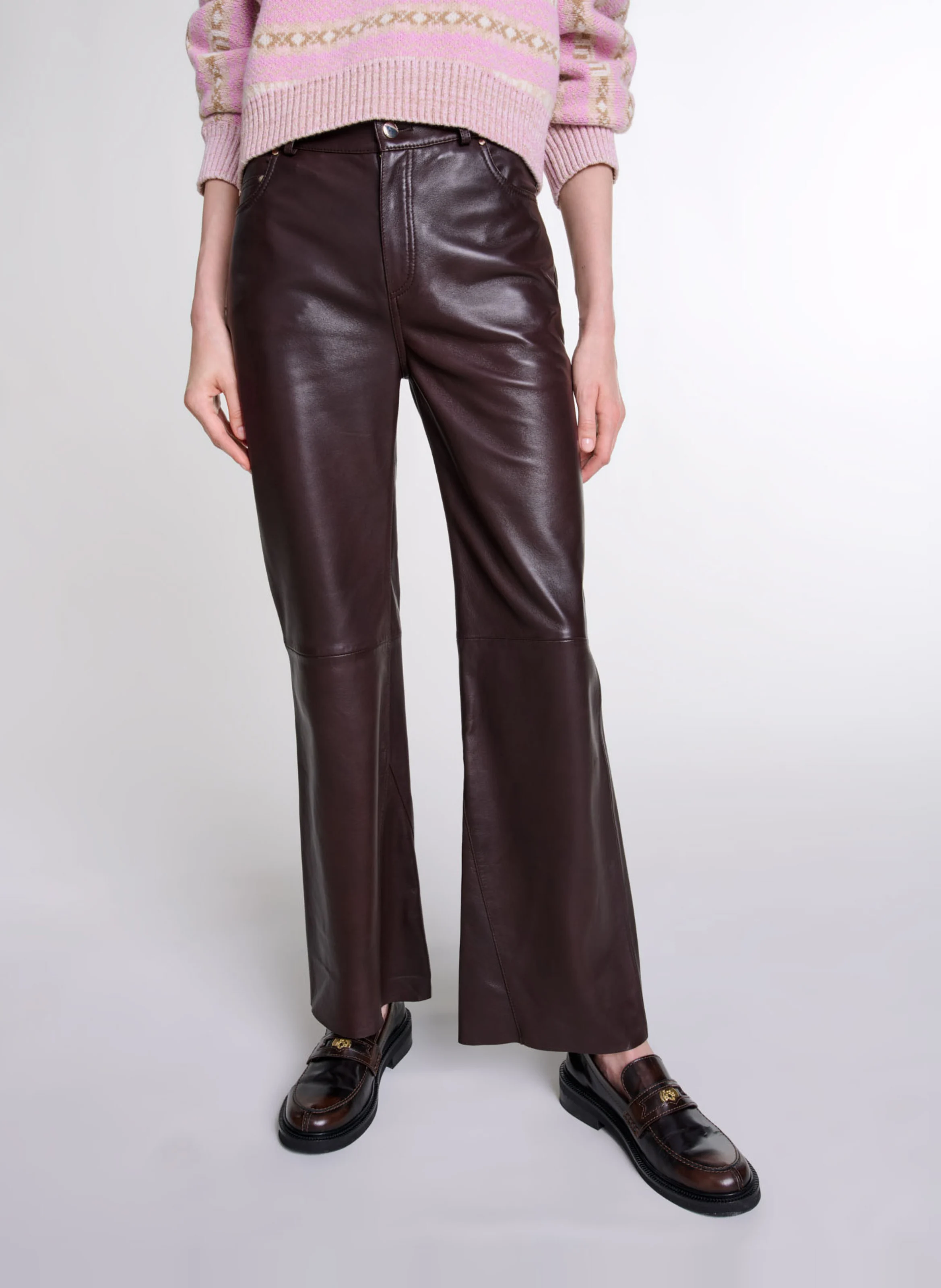 Pantalon flare en cuir| Marron