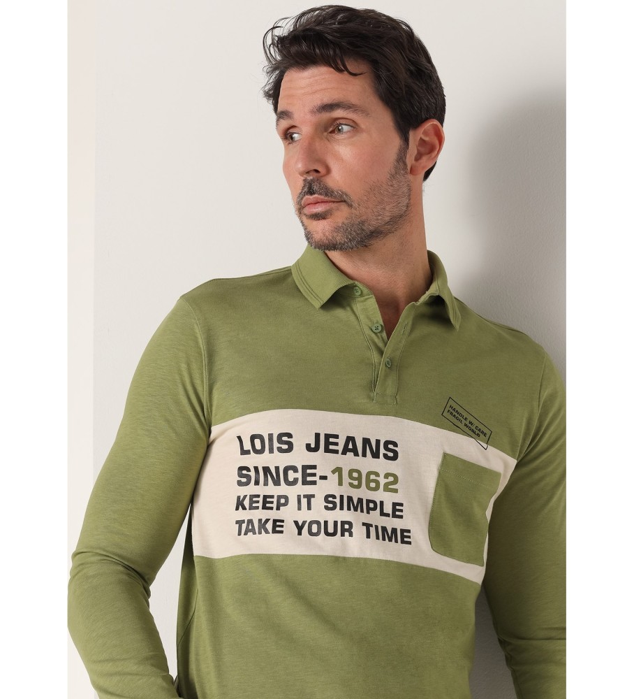 Camisa polo Lois de manga comprida com bolso verde.
