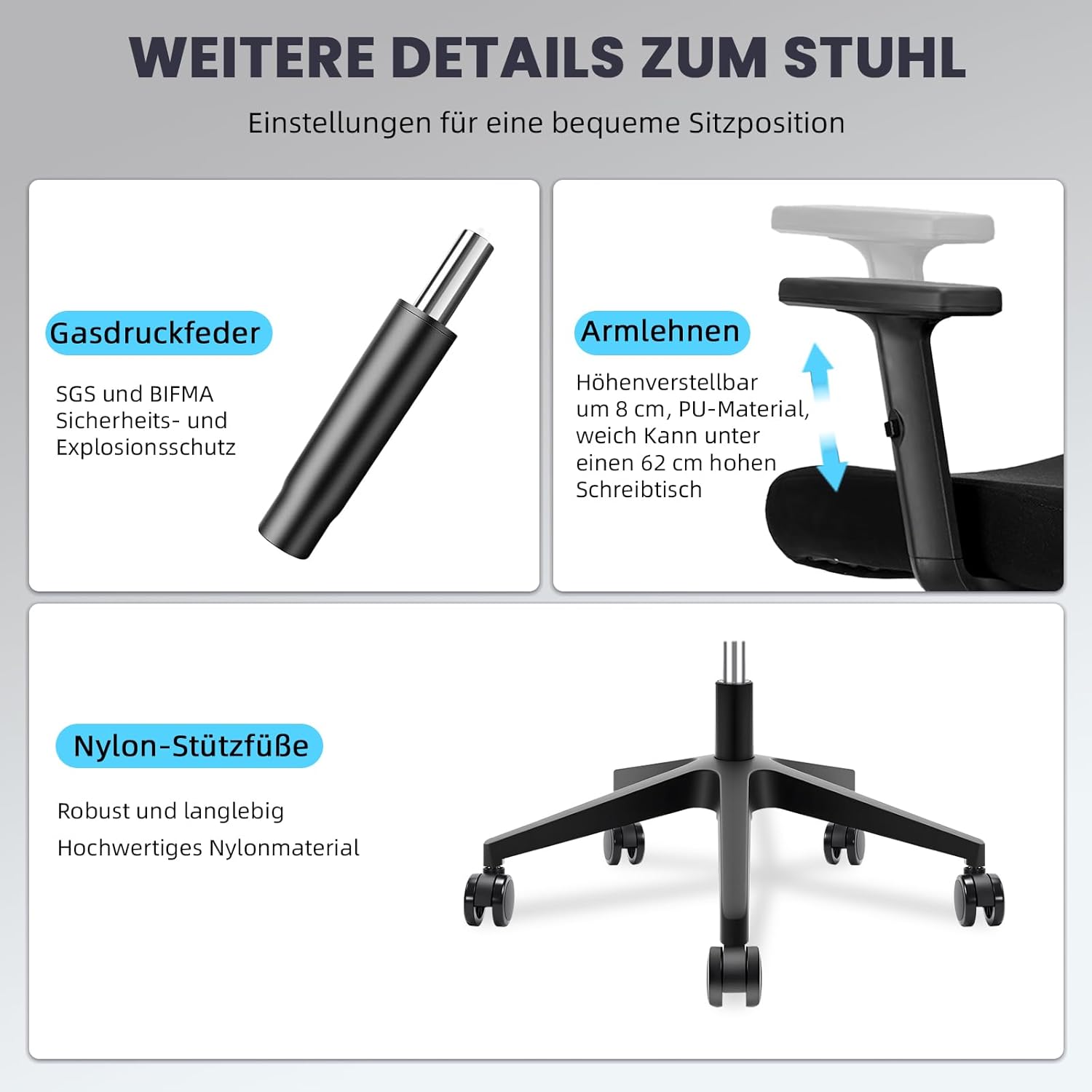 Ergonomischer Bürostuhl, Schreibtischstuhl Höhenverstellbar, Drehstuhl mit Verstellbarer Lendenwirbelstütze und Kopfstütze, 90°-130°Liegefunktion, Bürostuhl bis 150 kg Belastbar, Schwarz