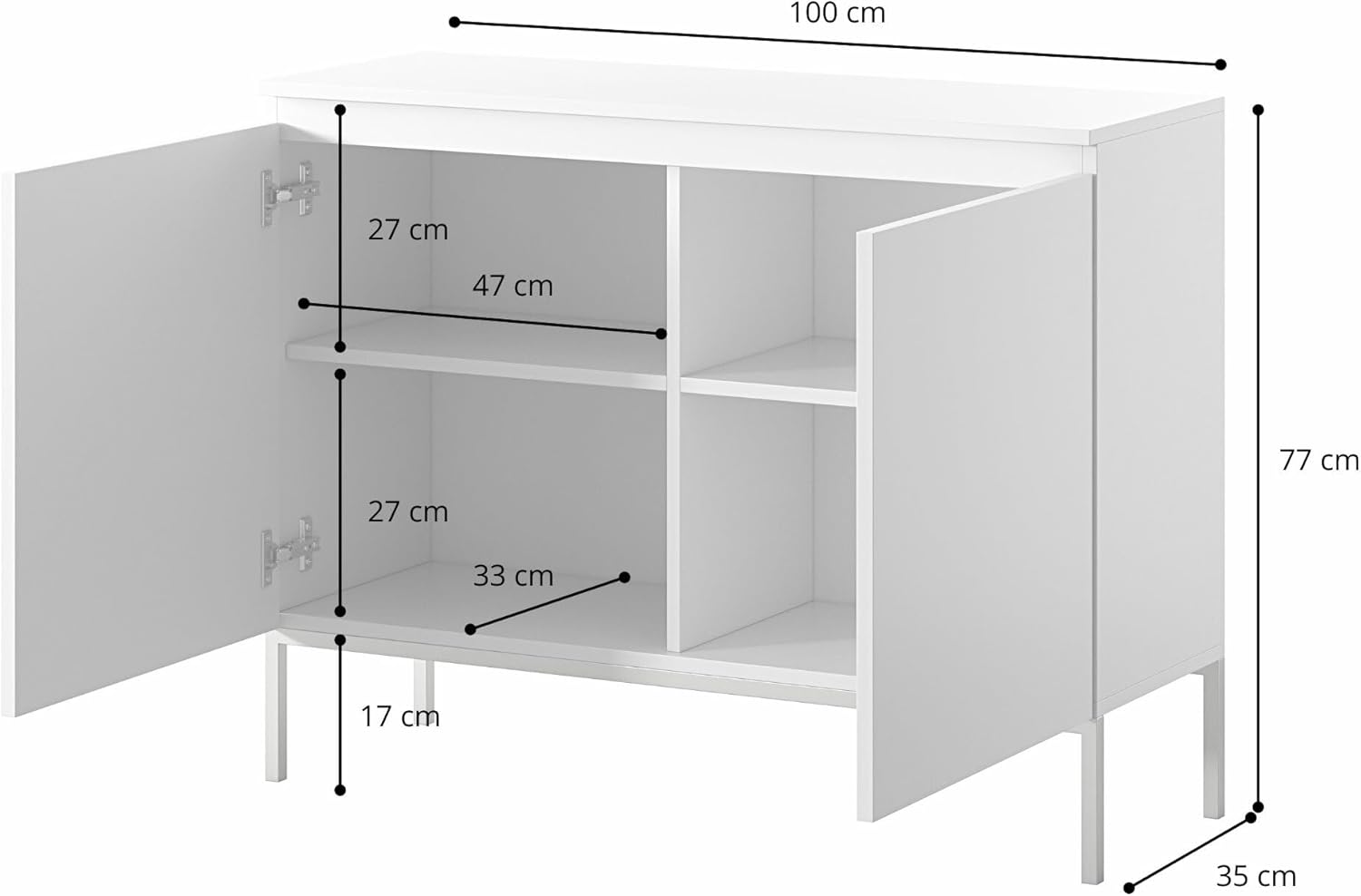 Selsey Kommode Schrank Aufbewahrungsschrank 100 cm 2 Türen 4 Fächer Weiß Schwarze Beine Bemmi