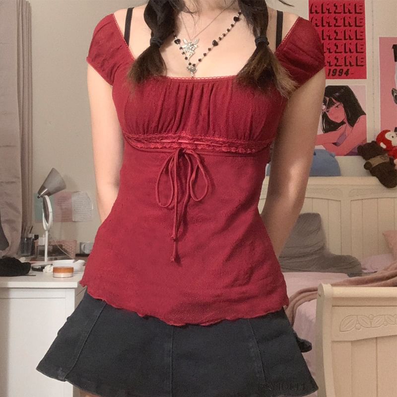 Genrovia - Off-shoulder effen vetertop met doorschijnende details