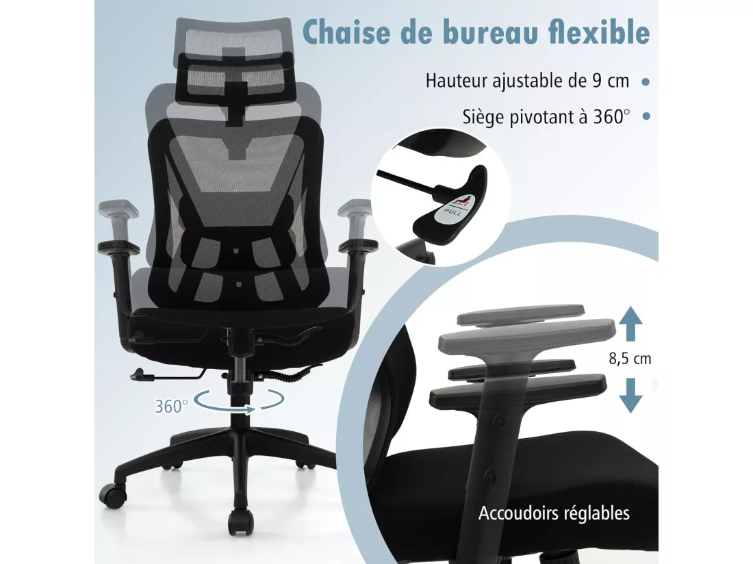 Chaise de Bureau Ergonomique, Fauteuil Bureau Pivotant Réglable en Hauteur, Dossier à Bascule de 90° à 120°, Maille Respirante, Support Lombaire, Appui-tête, Accoudoirs Ajustables, Noir