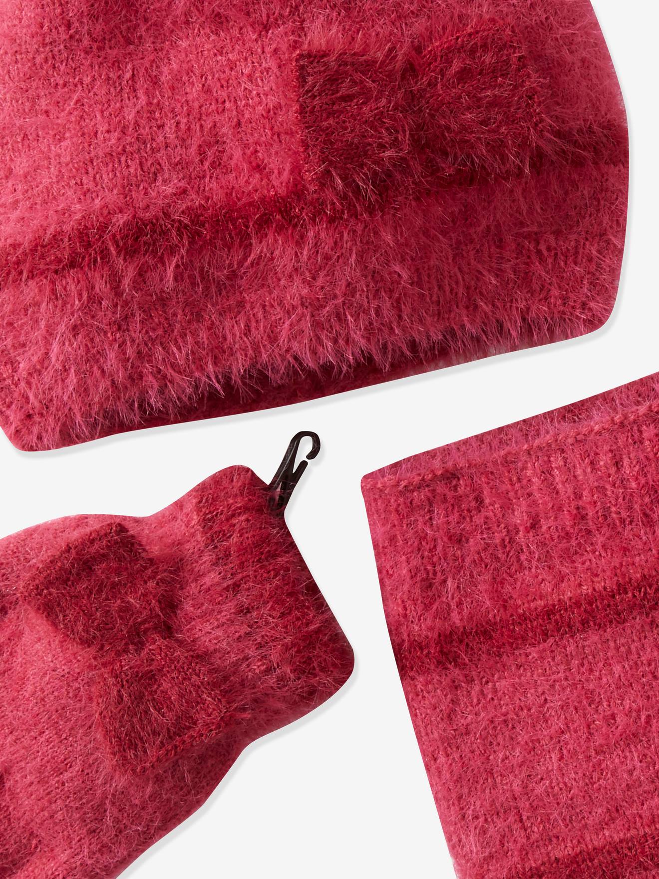Conjunto infantil rosa escuro liso com gorro, cachecol e luvas, certificado Oeko-Tex®.