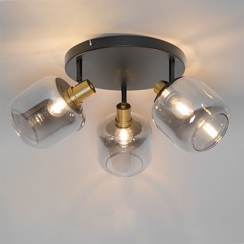 Plafondspot zwart met goud met smoke glas 3-lichts - Zuzanna