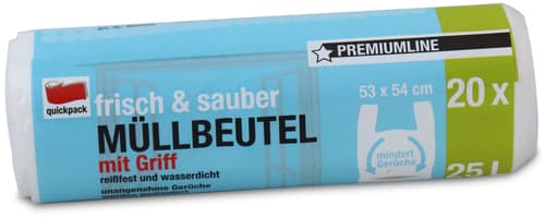 Quickpack Premium Müllbeutel frisch&sauber extra stark mit Tragegriff transparent 25 Ltr. mindert üble Gerüche