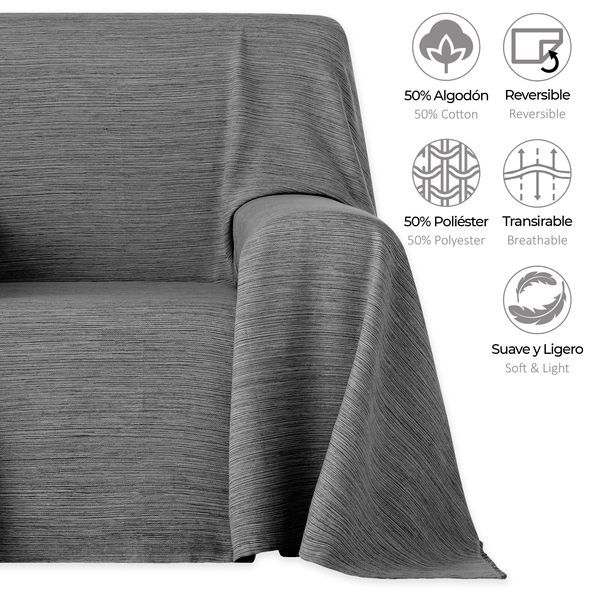 Conjunto de 2 mantas xadrez multiuso, modelo Trama, 180x260 cm, cinza escuro
