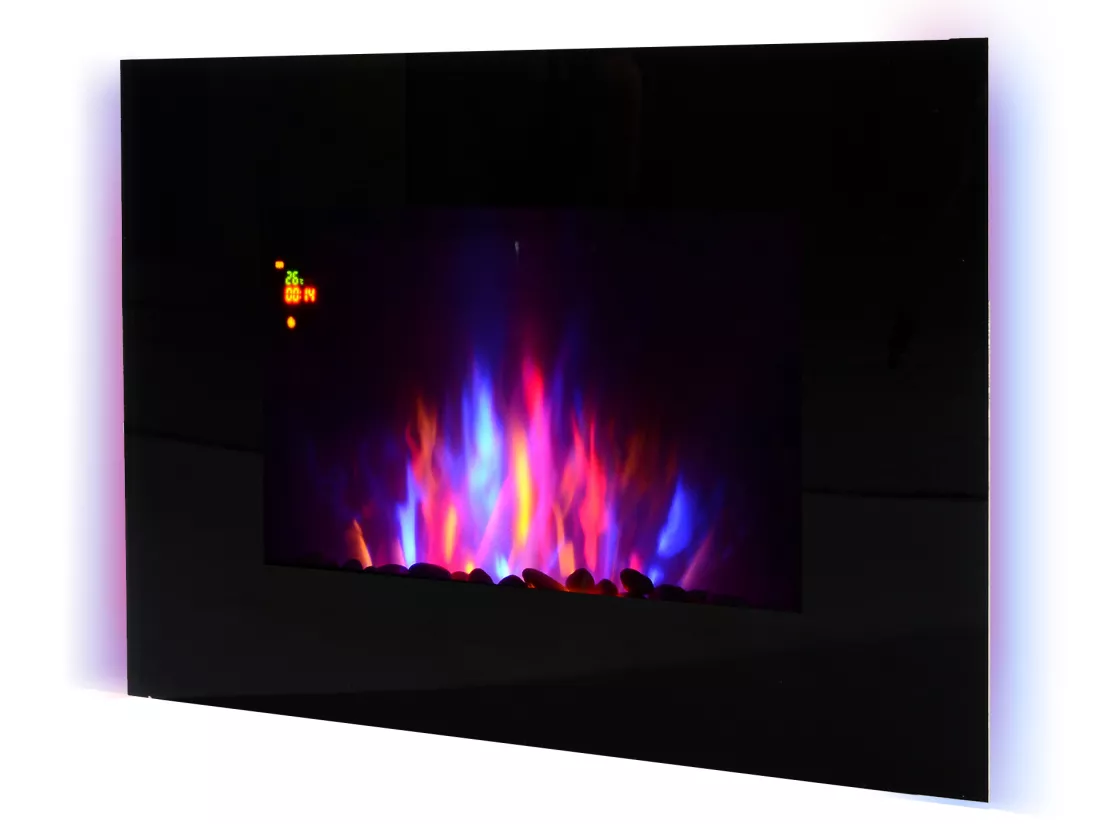 Cheminée électrique murale LED 7 effets flammes + 7 couleurs ambiance + galets télécommande thermostat 1000-2000 W minuterie noir