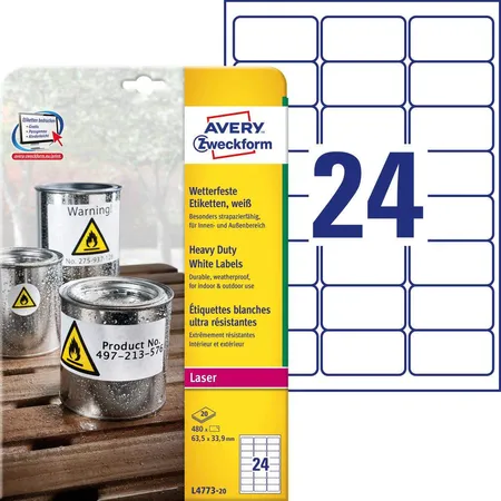Avery Zweckform L4773-20 Wetterfeste Folien-Etiketten, 63,5 x 33,9 mm, 20 Bogen/480 Etiketten, weiß