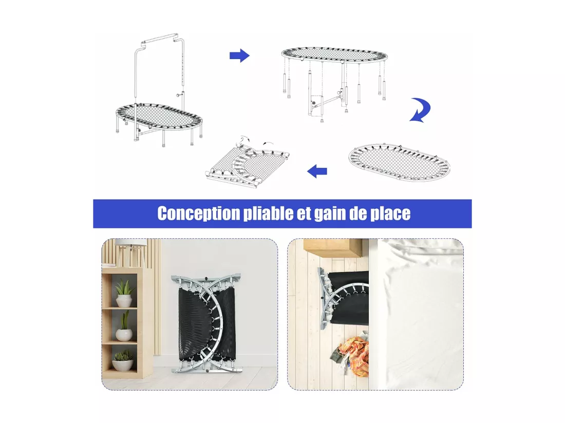 Trampoline Pliable pour 2 Enfants Intérieur/Extérieur avec Main Courante Ajustable Coussin Tapis de Saut Charge 150kg Bleu