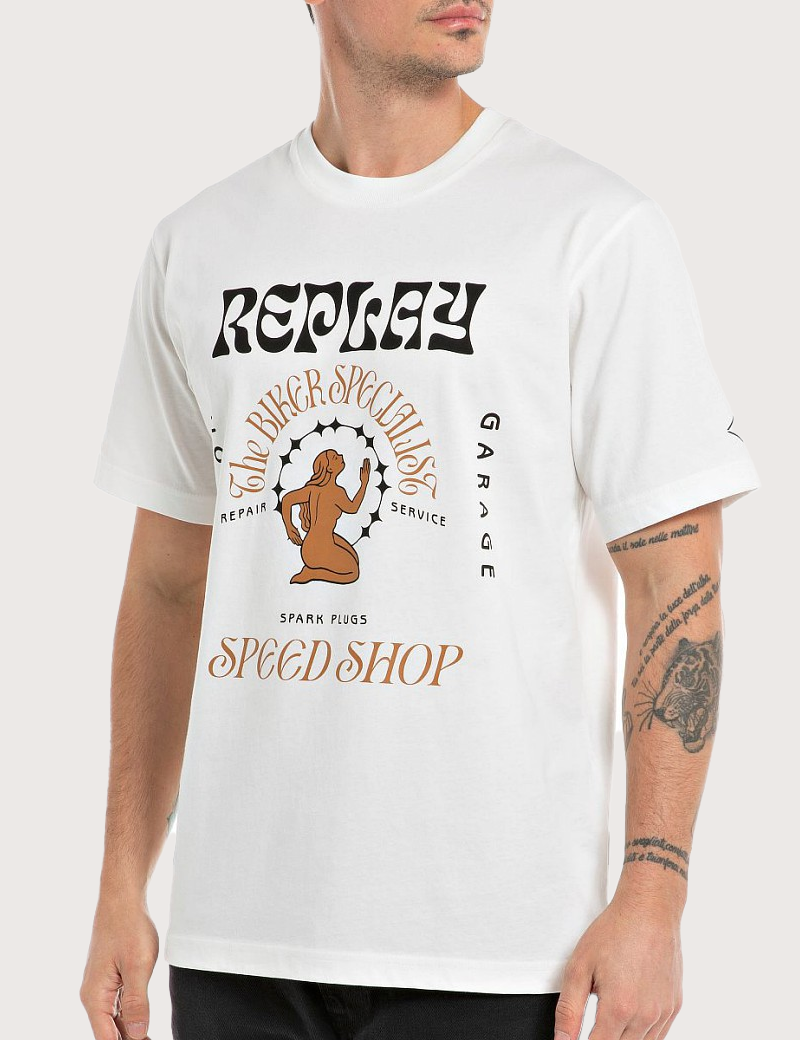 REPLAY T-SHIRT HOMME IMPRIMÉ JERSEY BLANC NATUREL
